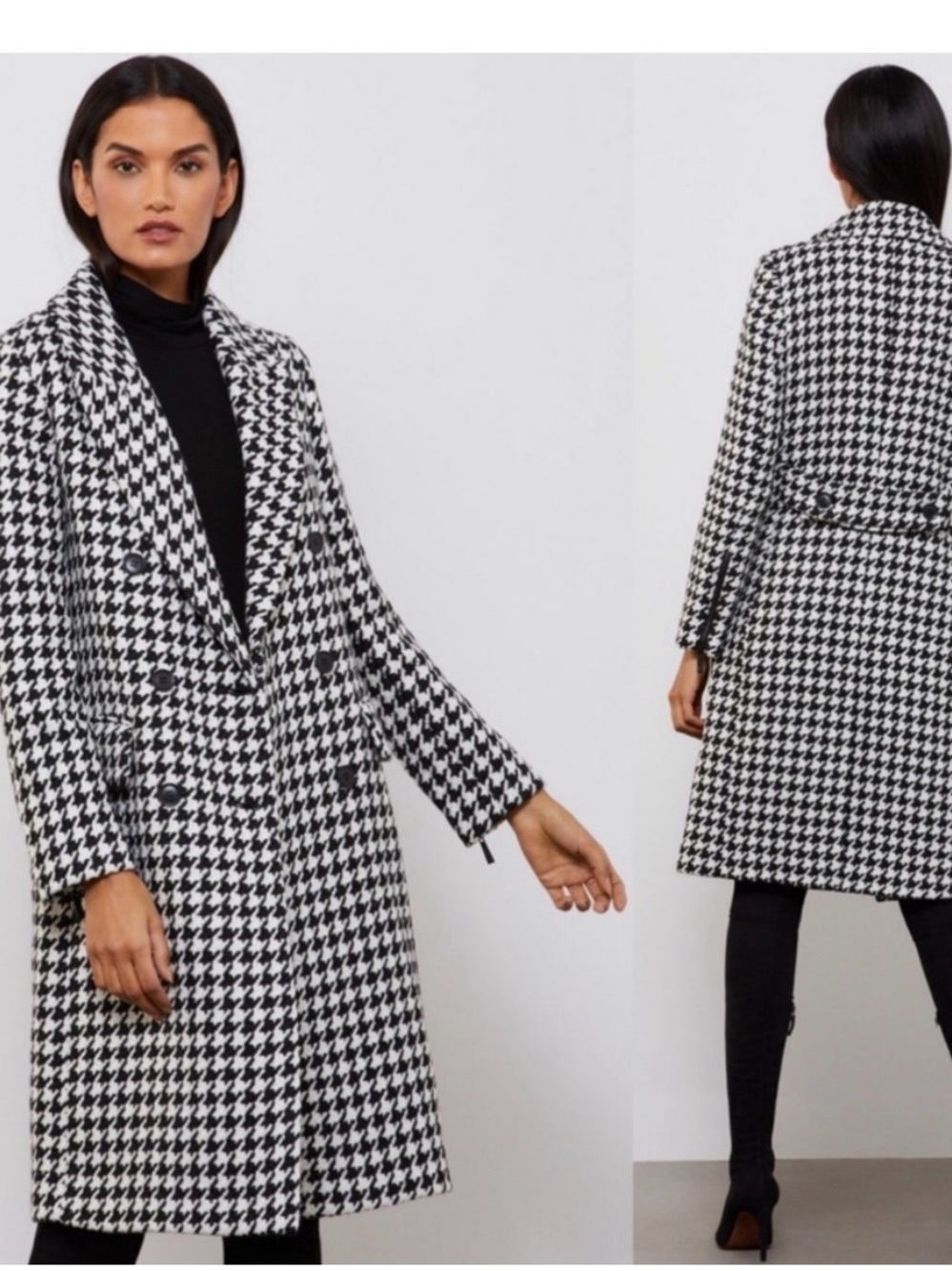 BCBGMaxAzria Black-and-White Houndstooth Double-Breasted Pea Coat